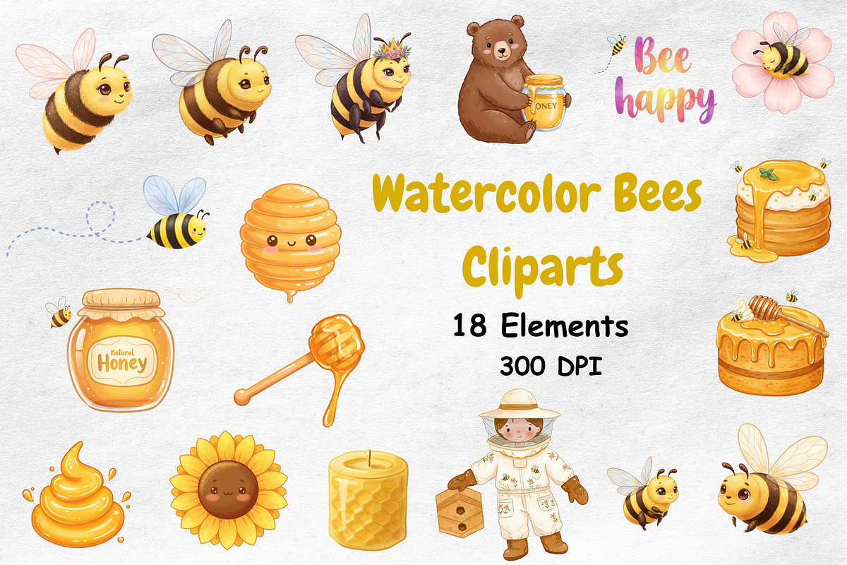 Watercolor Honey Bees Clipart, an Animal Illustration by BerryPieArt (Photo 1 of 4)
