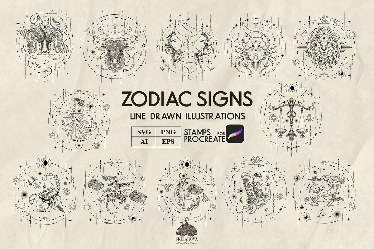 Zodiac signs line art + Procreate, a Decorative Illustration by Skliarova (Photo 1 of 16)