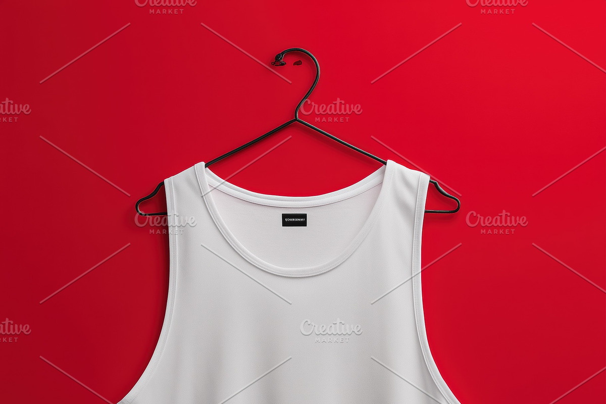 A plain white tank top mockup hanging on a hook against a vibrant red backgroun, a Shirt Mockup by Textures & Backgrounds