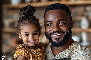 Smiling father holds his daughter in, a Photo by Tanuart