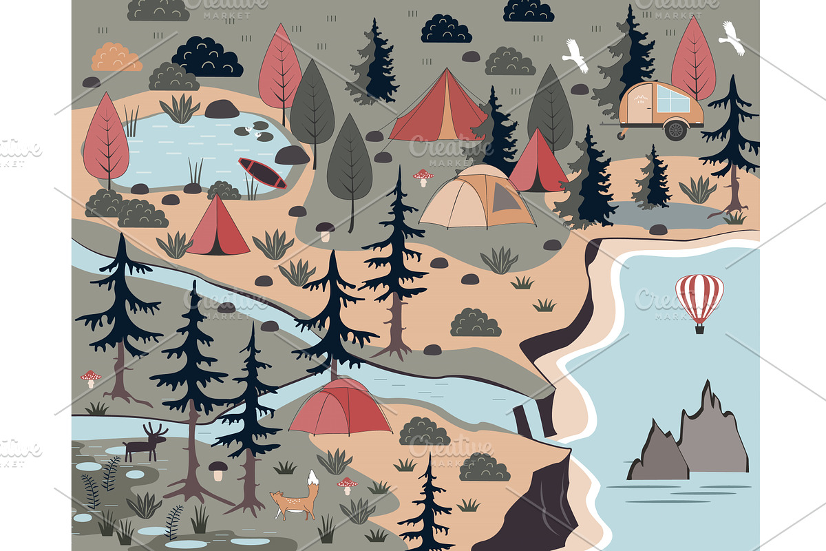 Summer Forest Camping Adventure mat, an Illustration by Toltemara