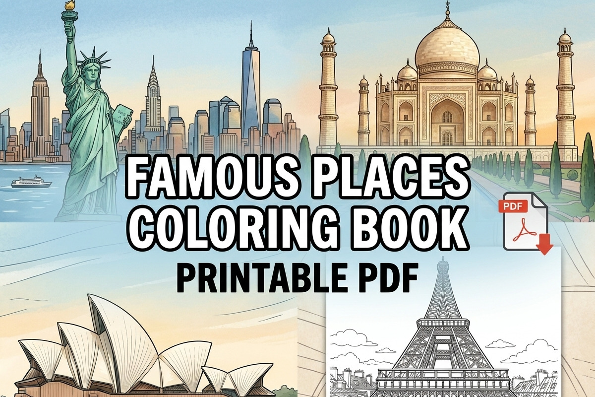 Famous Places Coloring Printable PDF, an Object Graphic by Image for Sale (Photo 1 of 3)