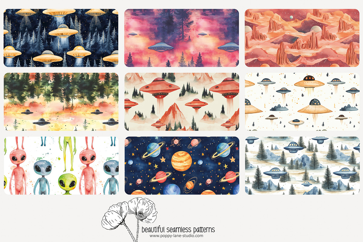 80 watercolour UFO seamless pattern, a Pattern Graphic by Poppy Lane Studio (Photo 3 of 11)