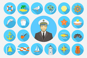 Flat Nautical Icons and Pattern