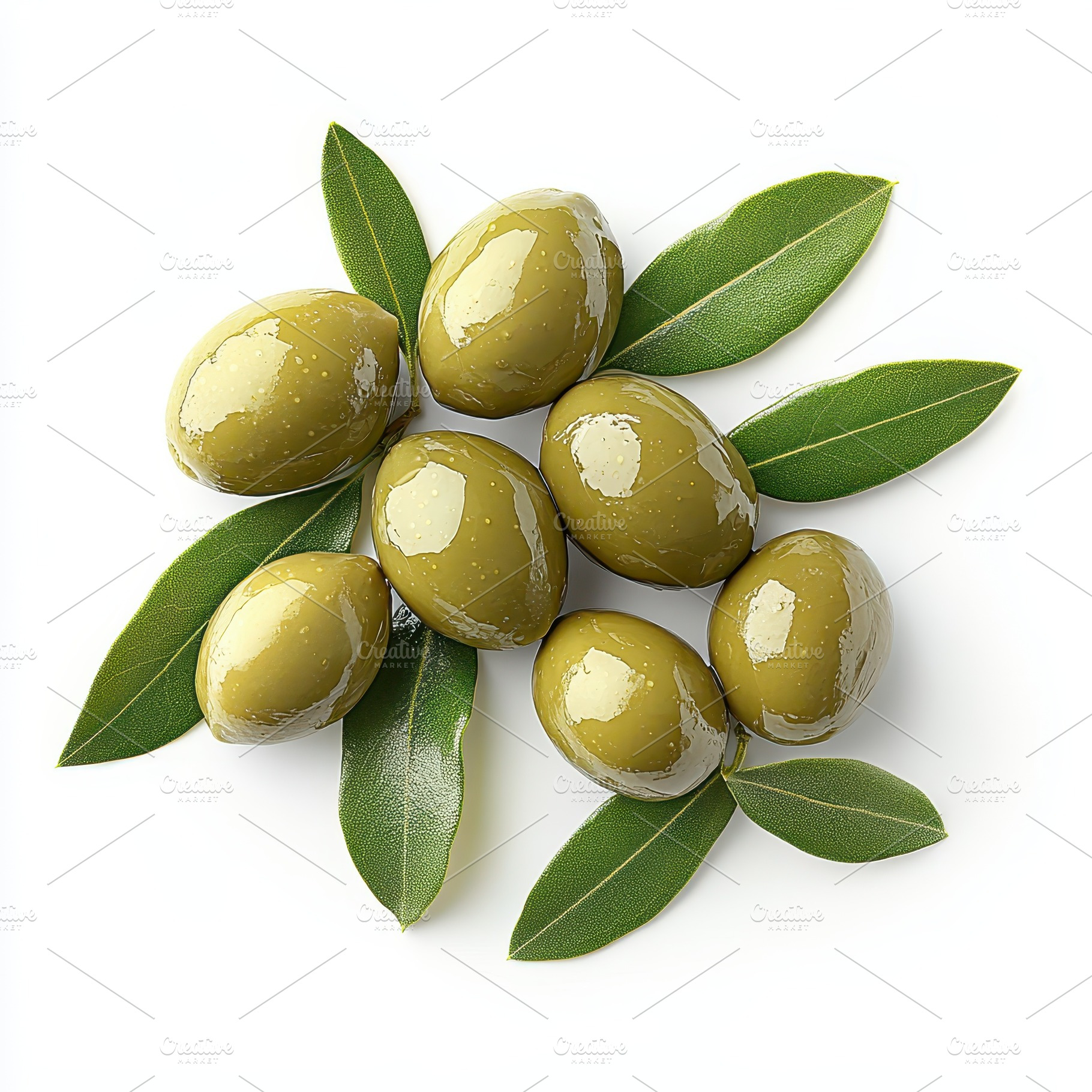 Green olives and olive leaves on whi, a Food & Drink Photo by Pixeness Studio