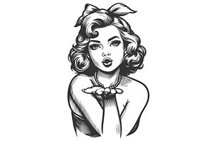 Pin-Up Girl Blowing A Kiss Engraving