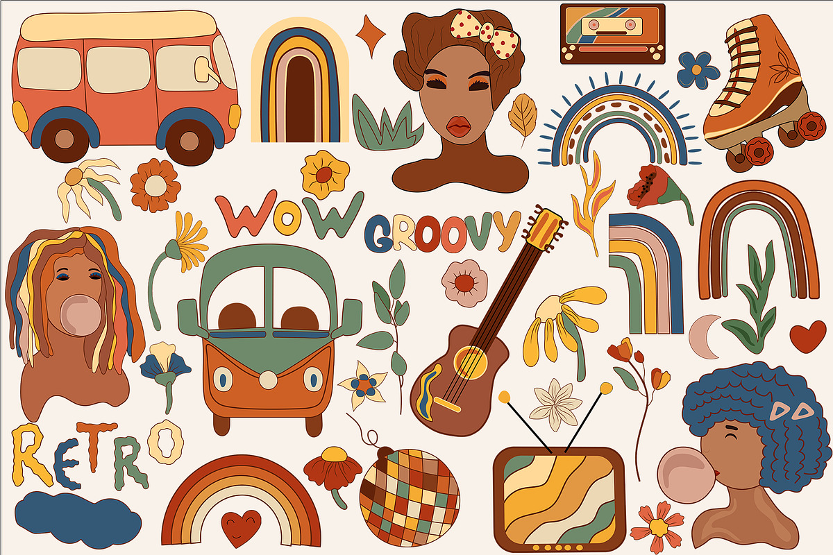 POSITIVE RETRO, BOHO GROOVY CLIPART, a Decorative Illustration by Usis (Photo 3 of 20)