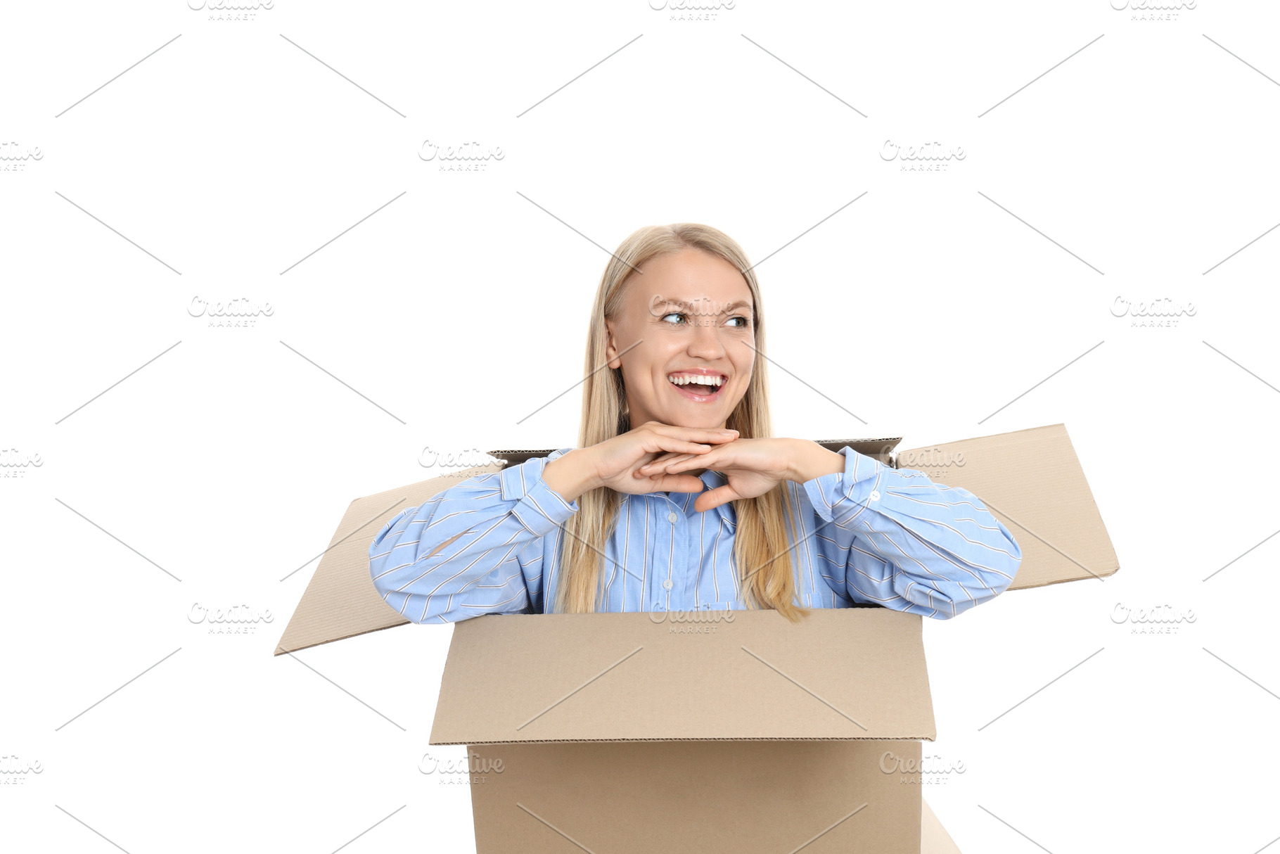 Concept of delivery, young woman in box, isolated on white backg, a Person Photo by AtlasStudio PRO