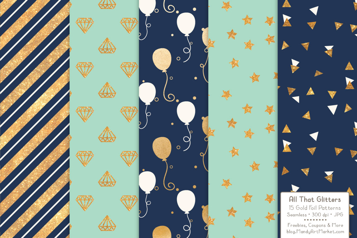 Navy & Mint Gold Foil Digital Papers, a Pattern Graphic by Amanda Ilkov (Photo 2 of 4)