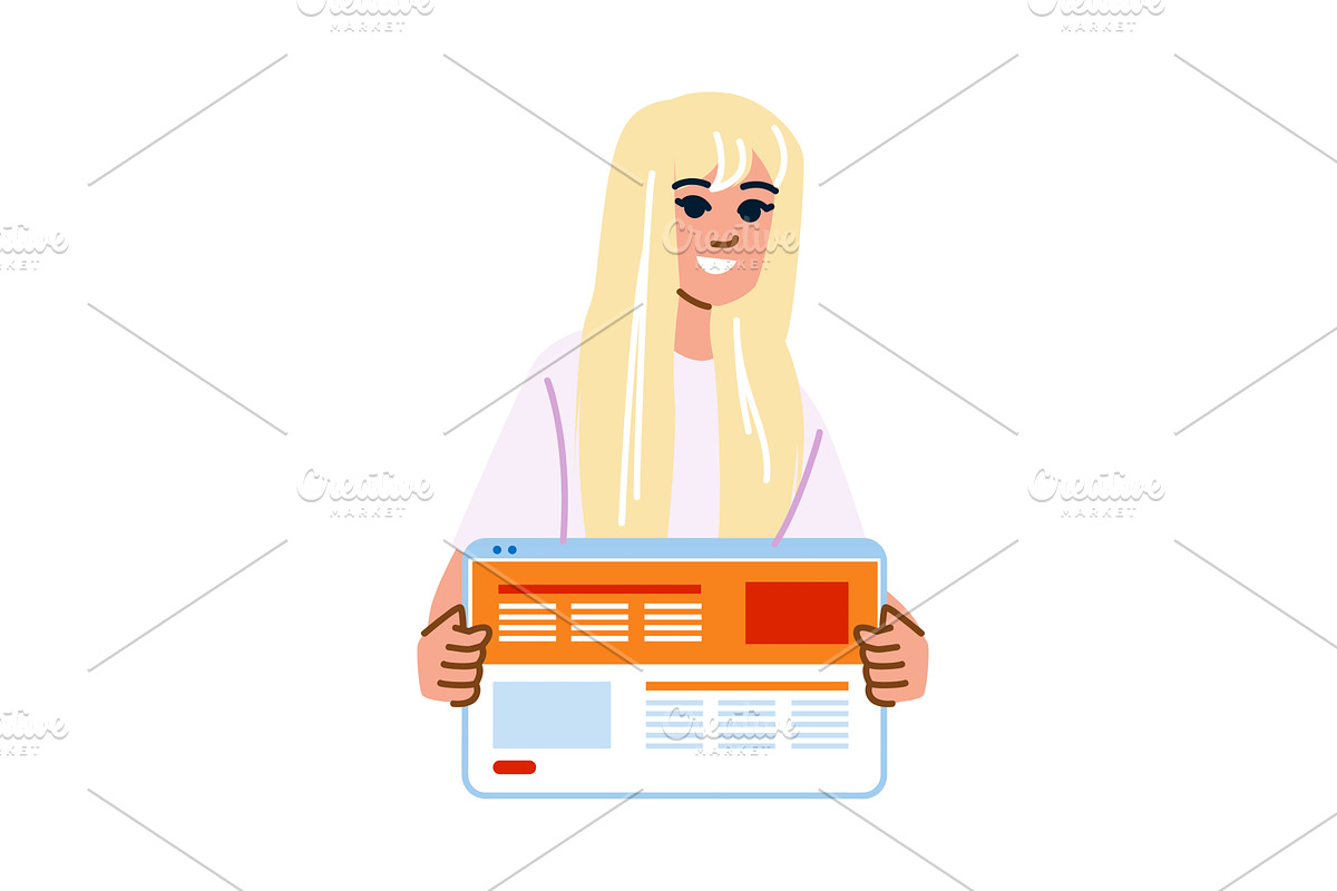 Smiling woman showing webpage with, a Technology Illustration by pikepicture
