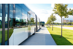 Modern bus fleet parked on sunny day, a Transportation Photo by Lermont51