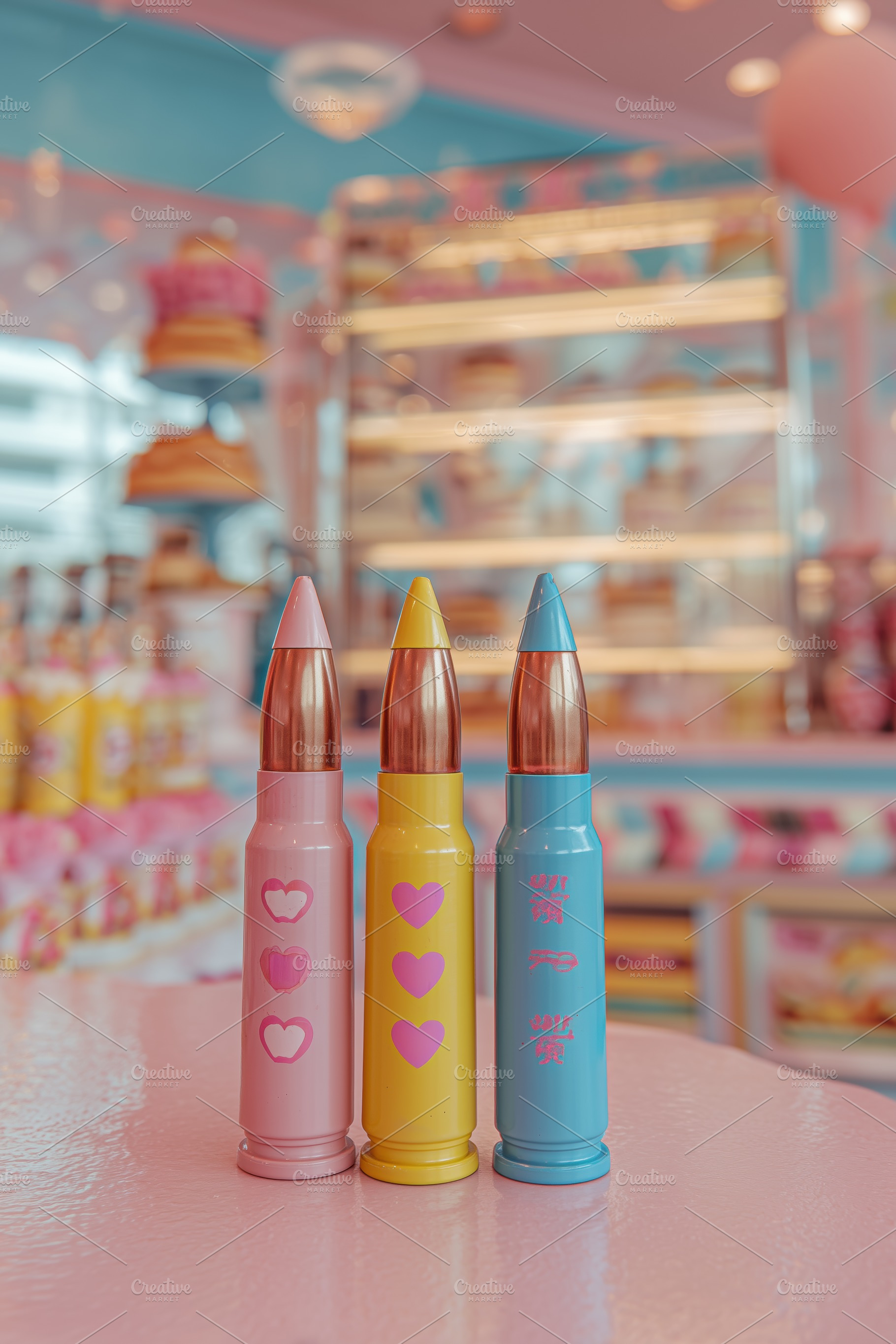 A colorful display of three oversized crayon-shaped lipsticks in pastel colors,, an Arts & Entertainment Photo by Textures & Backgrounds