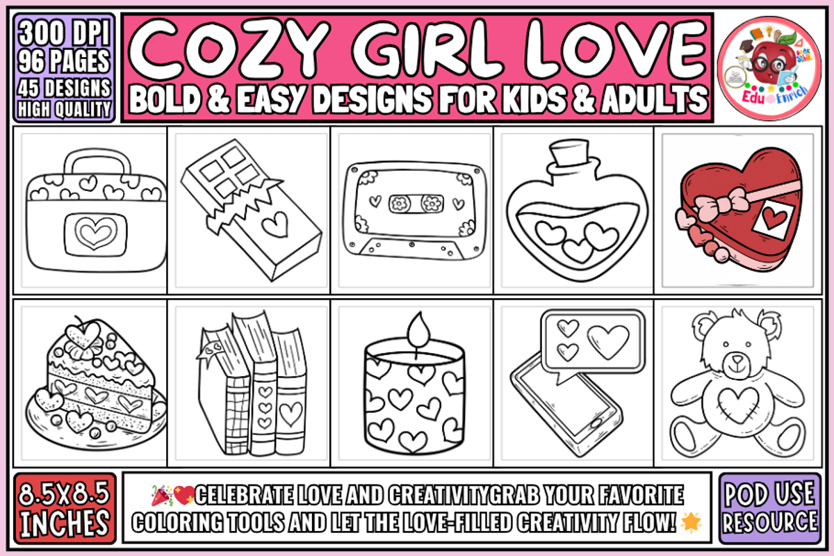 Cozy Girl Love Coloring Pages, an Object Illustration by EduEnrich (Photo 1 of 3)