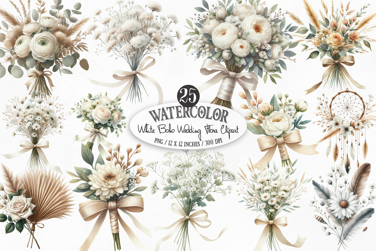White Boho Wedding Floral Bouquet, an Illustration by Designking (Photo 1 of 4)