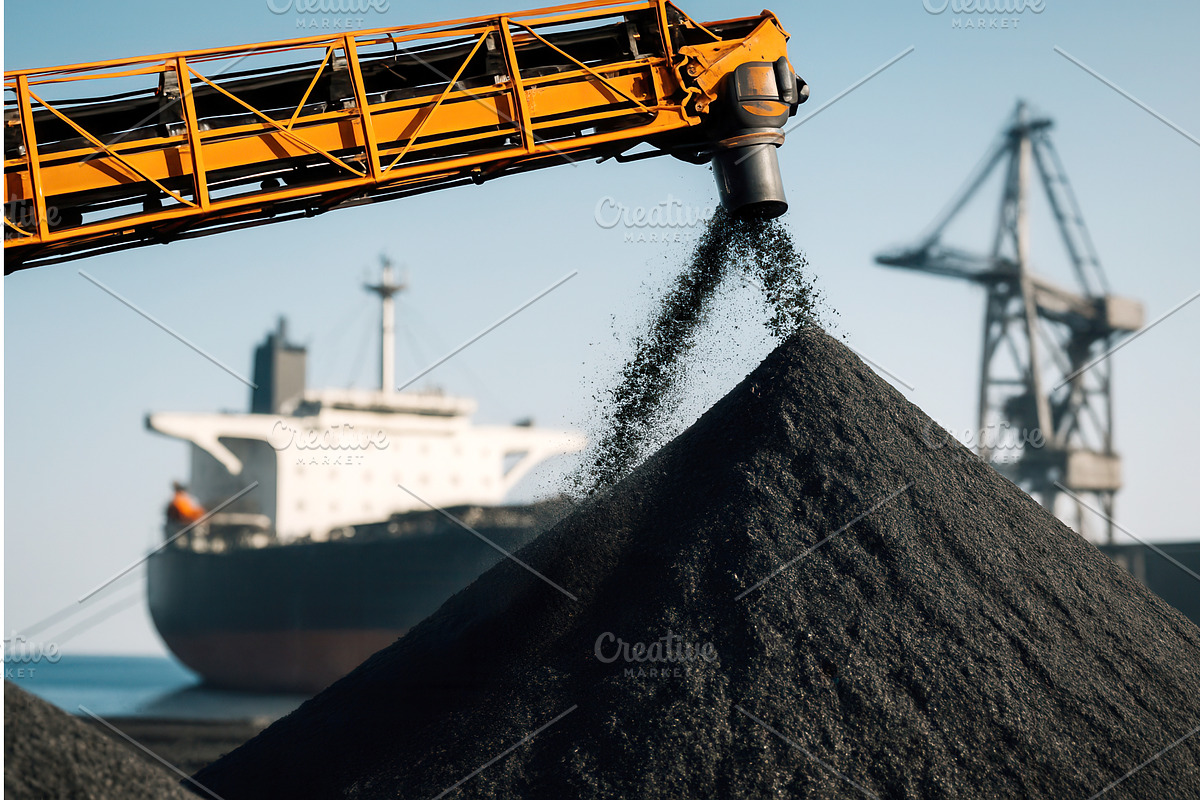 A conveyor belt deposits coal into a, a Transportation Illustration by Sergey Kotenev