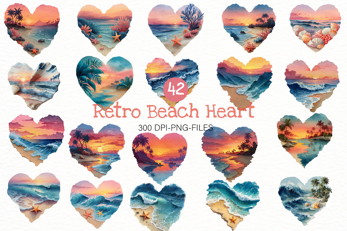 watercolor retro beach heart Clipart, an Illustration by Designworld (Photo 1 of 7)