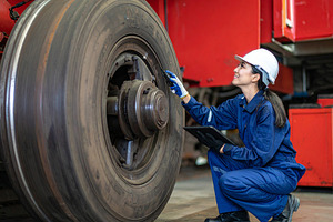 Airplane mechanics checking a airplane wheel, an Industrial Photo by DanFLCreativo