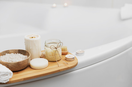 Hotel spa treatment or home bath procedure. Bathroom with accessories on tray, a Health & Medical Photo by Lenor4ik