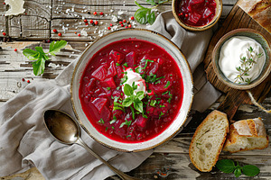 Flat lay of bowl of beet root soup borsch on wooden table, a Food & Drink Photo by AlyaAnd