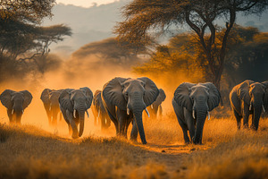 Elephant herd in the savanna, bathed, an Animal Photo by Pixeness Studio