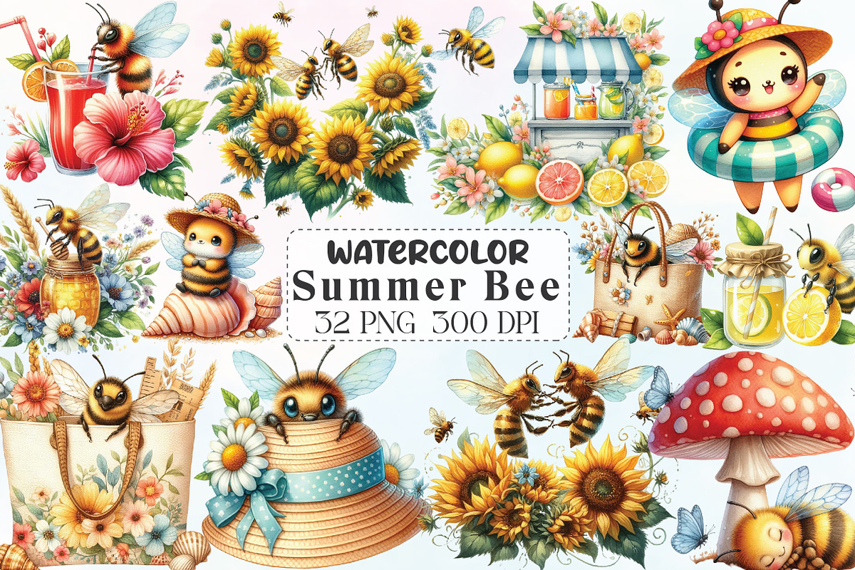 Watercolor Summer Bee Clipart, an Illustration by CraftArtStudio (Photo 1 of 6)