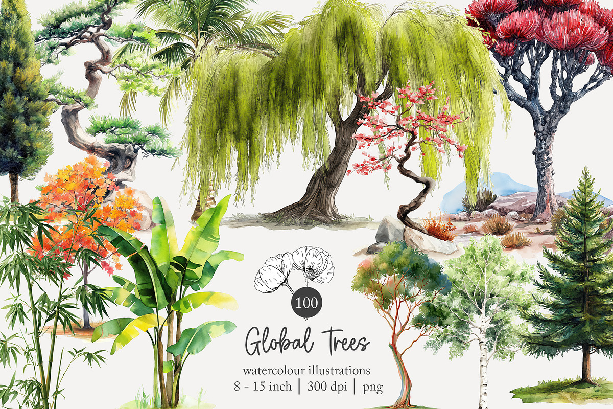 100 watercolour global tree clip art, a Seasonal Illustration by Poppy Lane Studio (Photo 1 of 11)