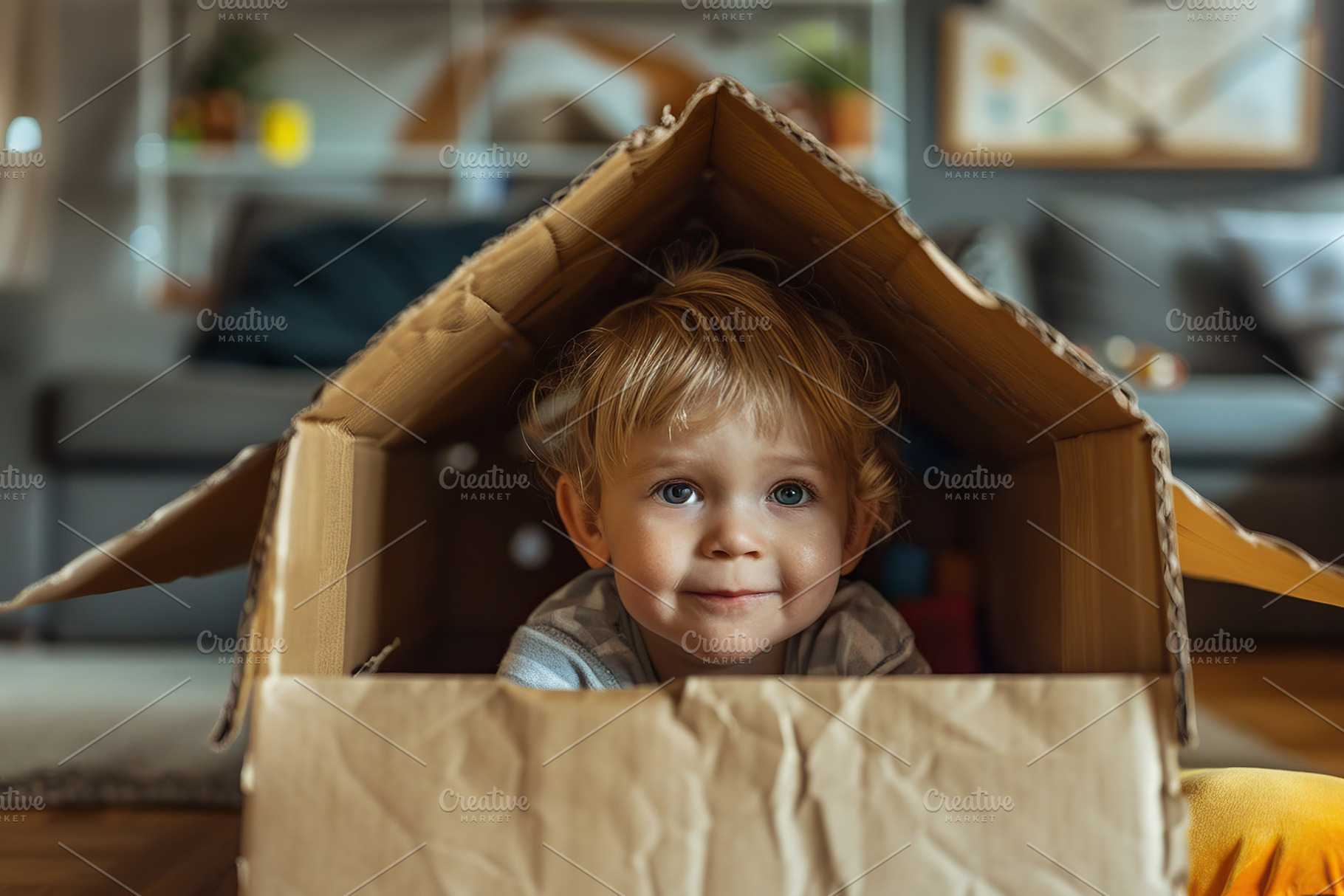 Little boy playing in cardboard box, a Person Photo by AlyaAnd