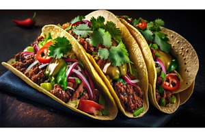Three vibrant tacos filled with, a Food & Drink Photo by Igor Tichonow
