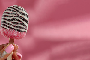 Zebra-striped pink popsicle with frosty texture held by a hand w, a Photo by José Manuel Gelpi