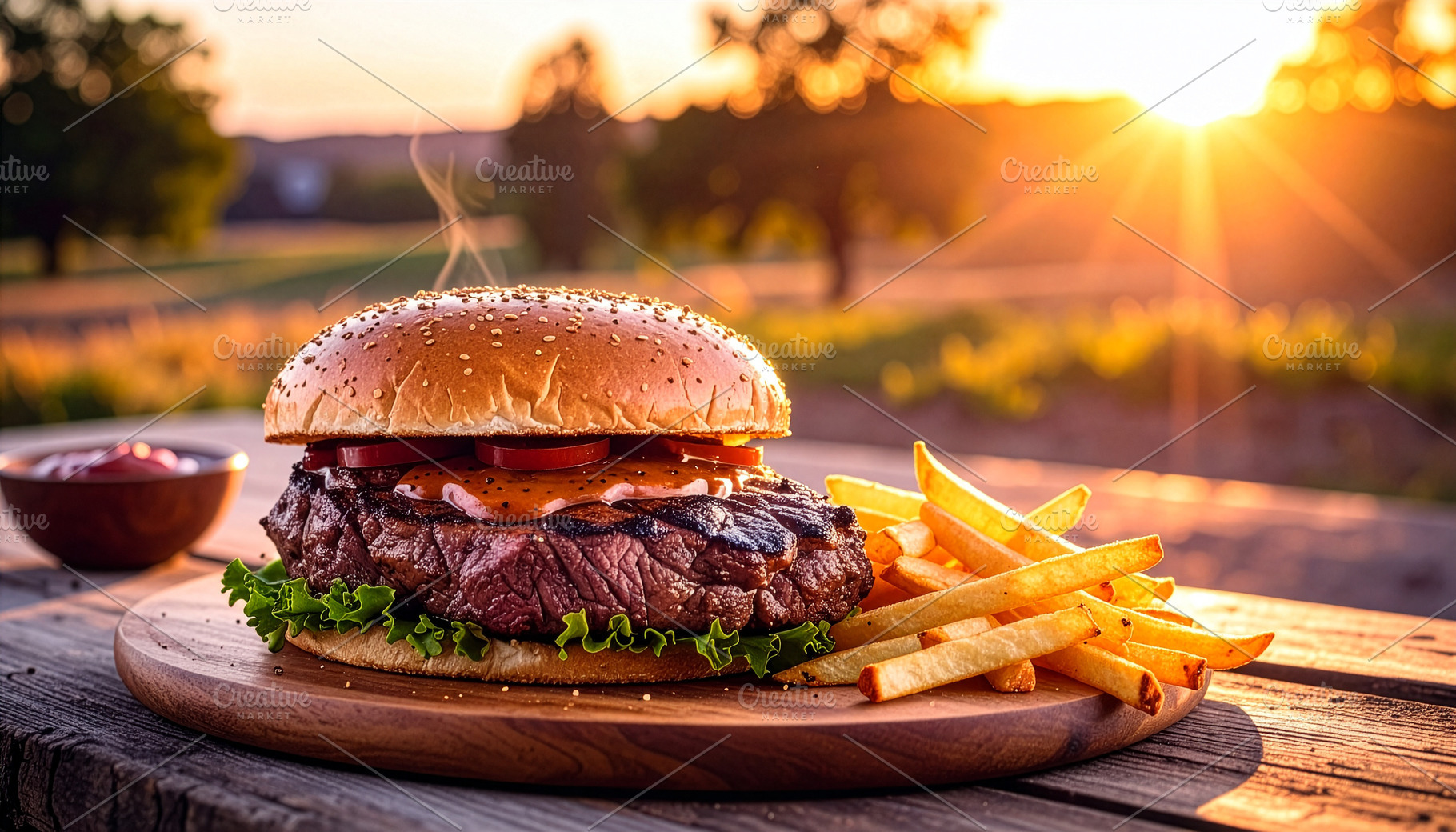 Succulent steak with golden fries on a rustic table, highlighted by the warm gl, a Food & Drink Photo by DutchDigitalDesign