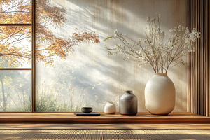Zen indoor space with minimalist dec, a Photo by Tanuart
