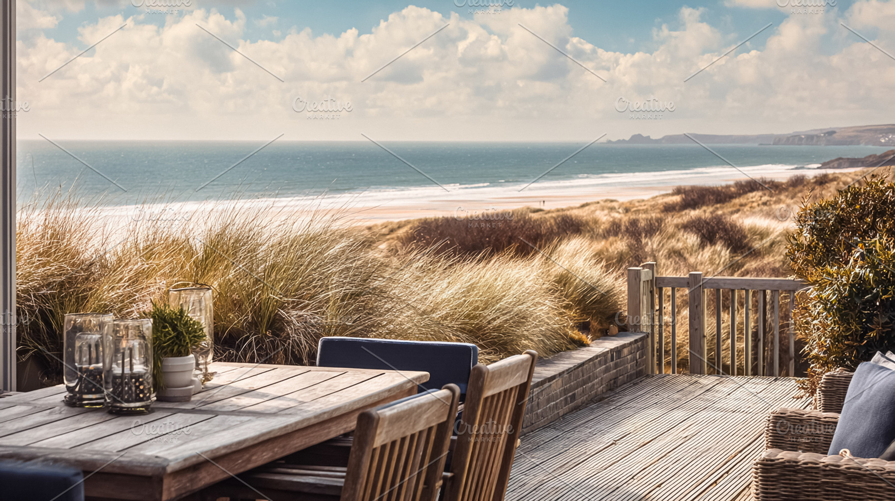 Outdoor dining terrace overlooking a sandy beach and ocean, enjo, a Photo by Studio ANNA
