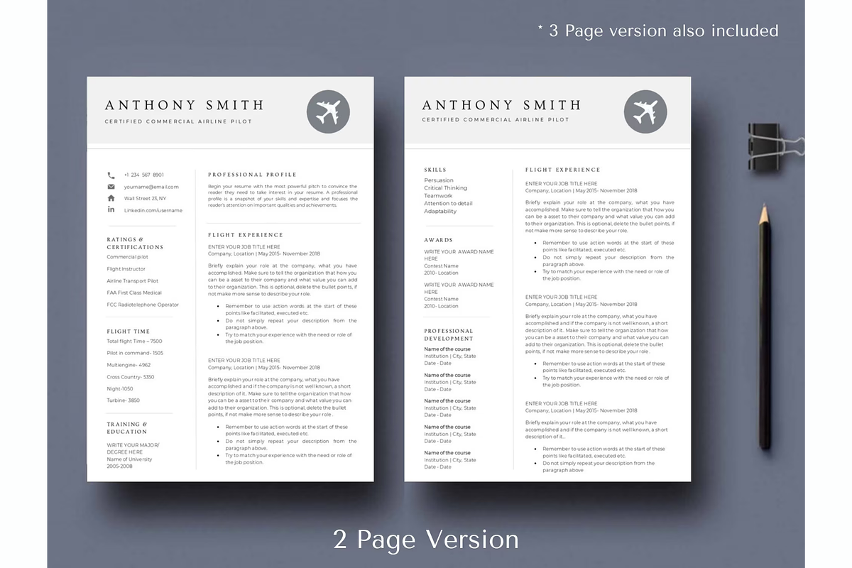 Pilot resume & cover letter template, a Resume Template by Climbwithelevator (Photo 2 of 11)