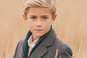 Young boy in tweed coat standing in a golden autumn field portra, a Photo by Studio ANNA