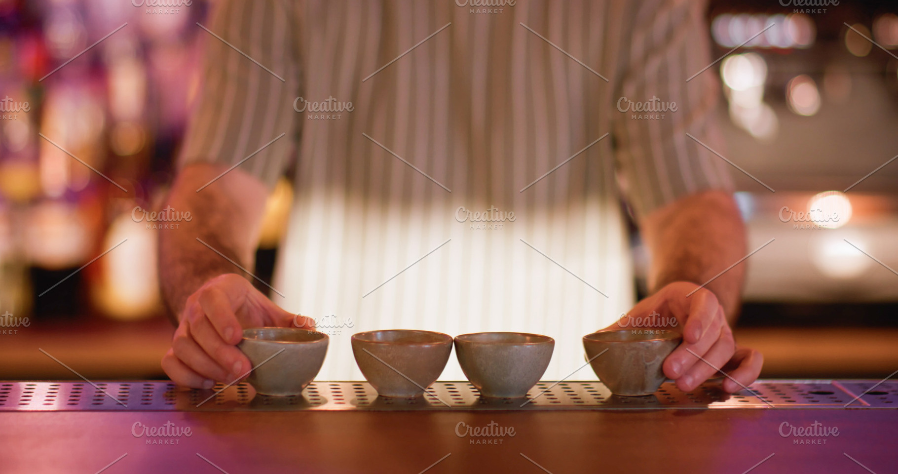 Barman work pub process bartender sake clay bowl, a Food & Drink Photo by Photo Drive Studio