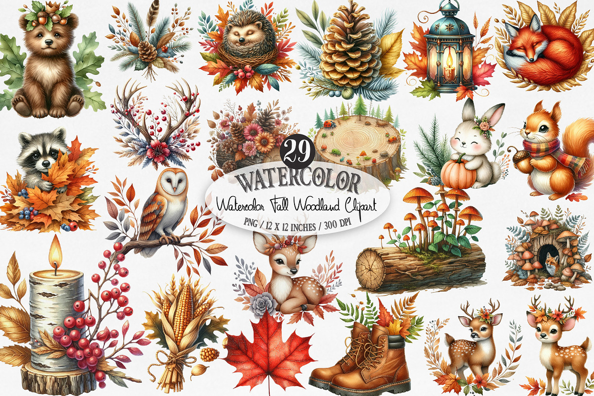 Watercolor Fall Woodland Clipart Bun, an Illustration by Designking (Photo 1 of 4)