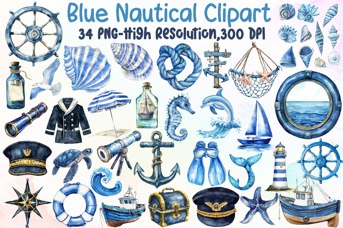 Watercolor Blue Nautical Clipart Bun, an Illustration by Sublimation Artist (Photo 1 of 6)