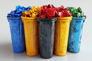 Colorful recycling bins arranged in, a Photo by Tanuart