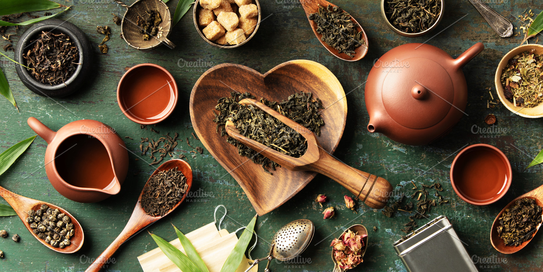Tea Ingredients and Teaware with Heart-Shaped Bowl on Rustic Bac, a Food & Drink Photo by Natalia Klenova's Shop