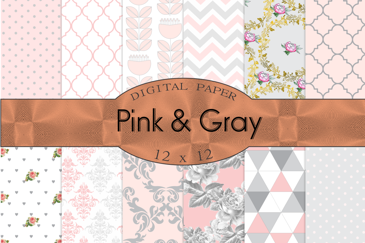 Pink and Gray digital paper, a Pattern Graphic by Kiwi Fruit Punch