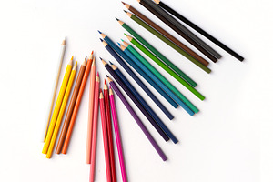 Colorful multicolored pencils on white background. Education, Bu