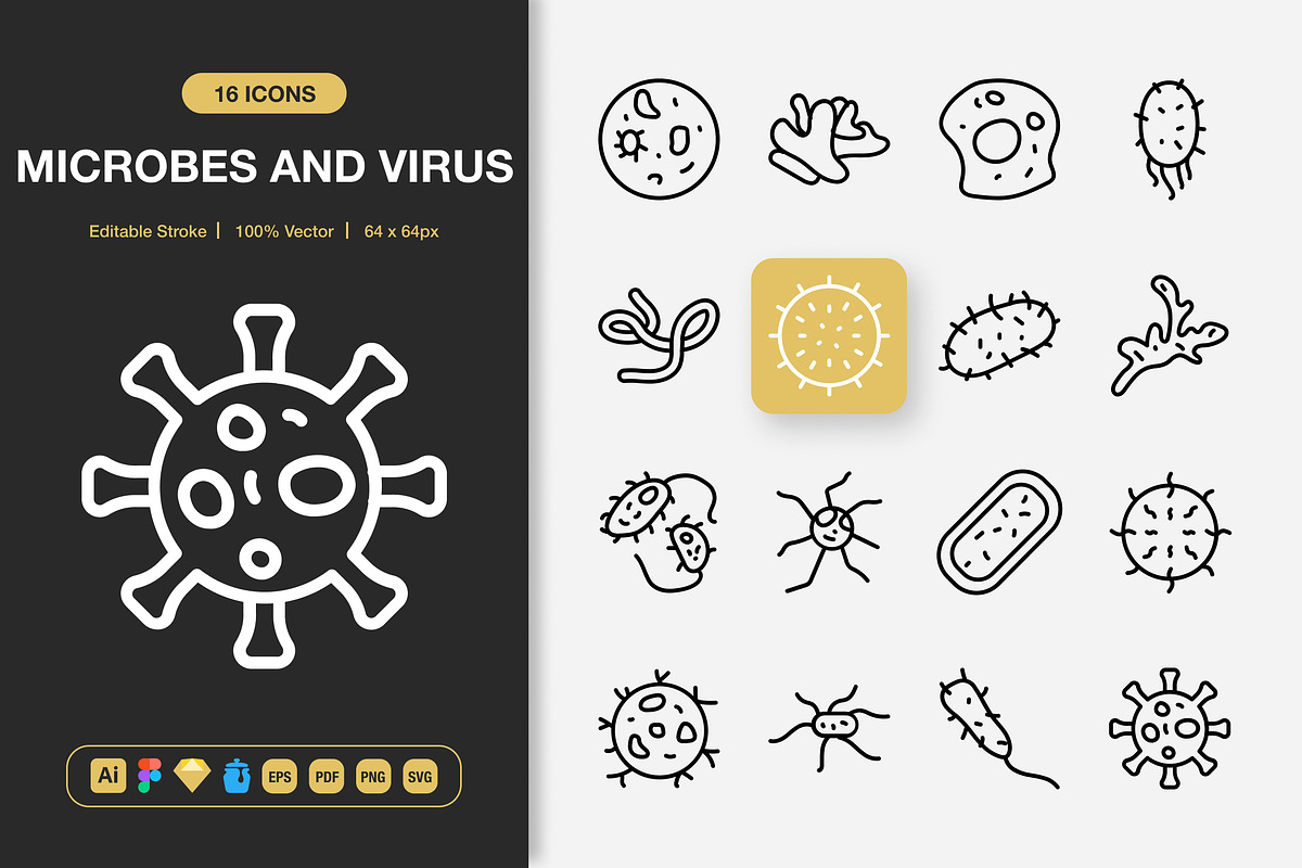 Microbes And Virus Icons, an Outline Icon by Spacepixel Creative