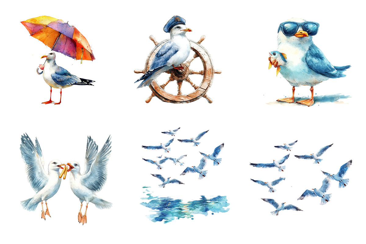 Watercolor Summer Seagulls Clipart, an Illustration by CreationArt (Photo 3 of 5)