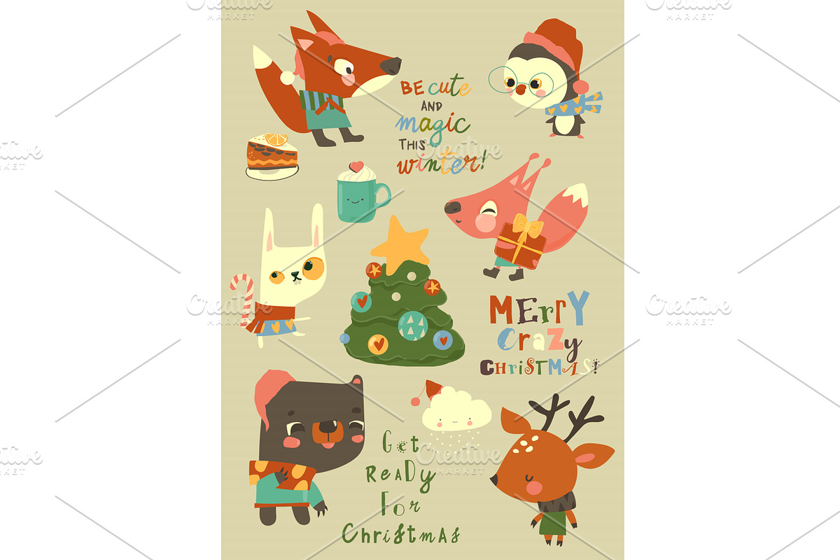 Cute Cartoon Christmas Set with, an Animal Illustration by Maria Starus