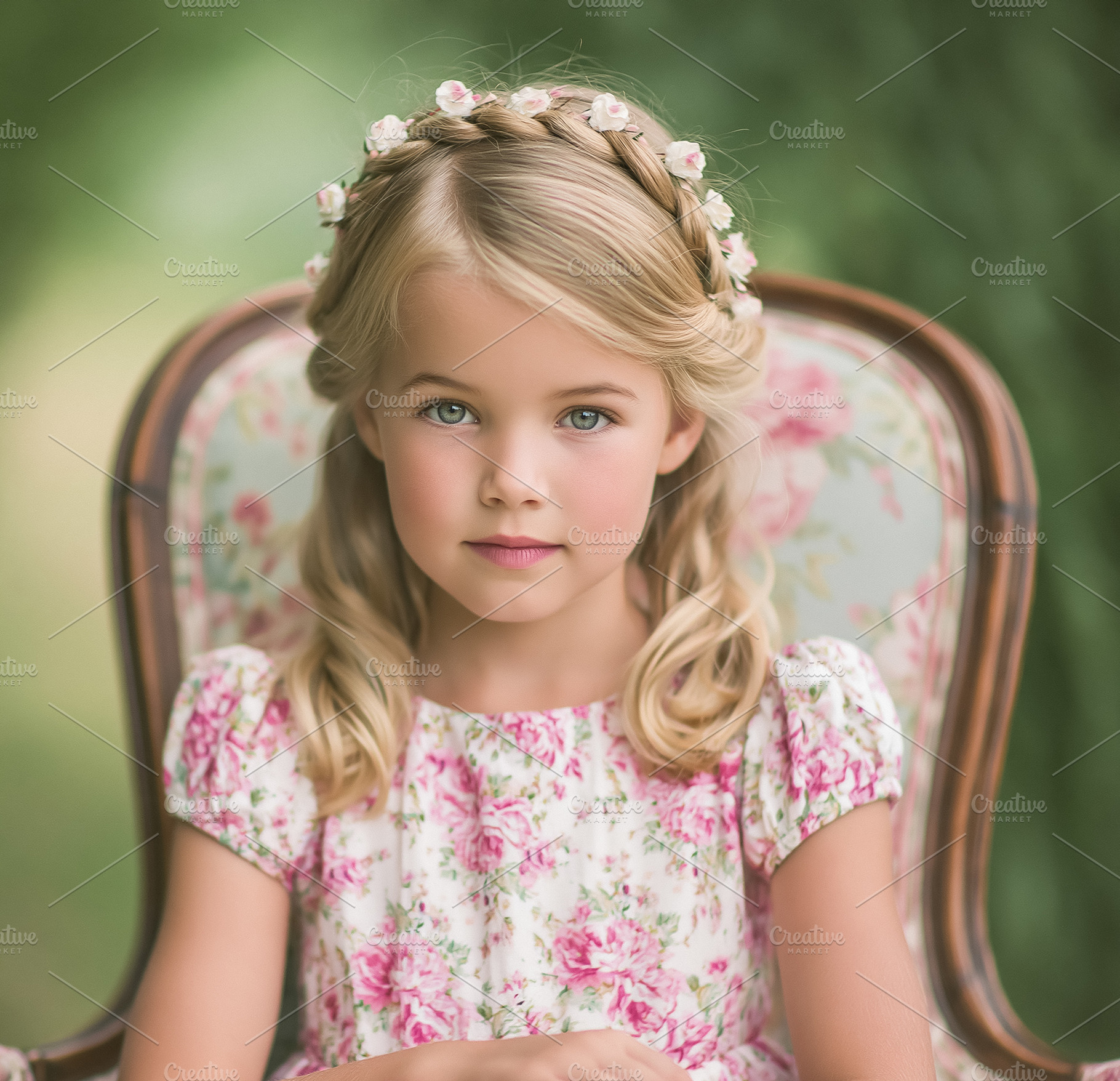 Young blonde girl with blue eyes and a flower crown, sitting on, a Person Photo by Studio ANNA