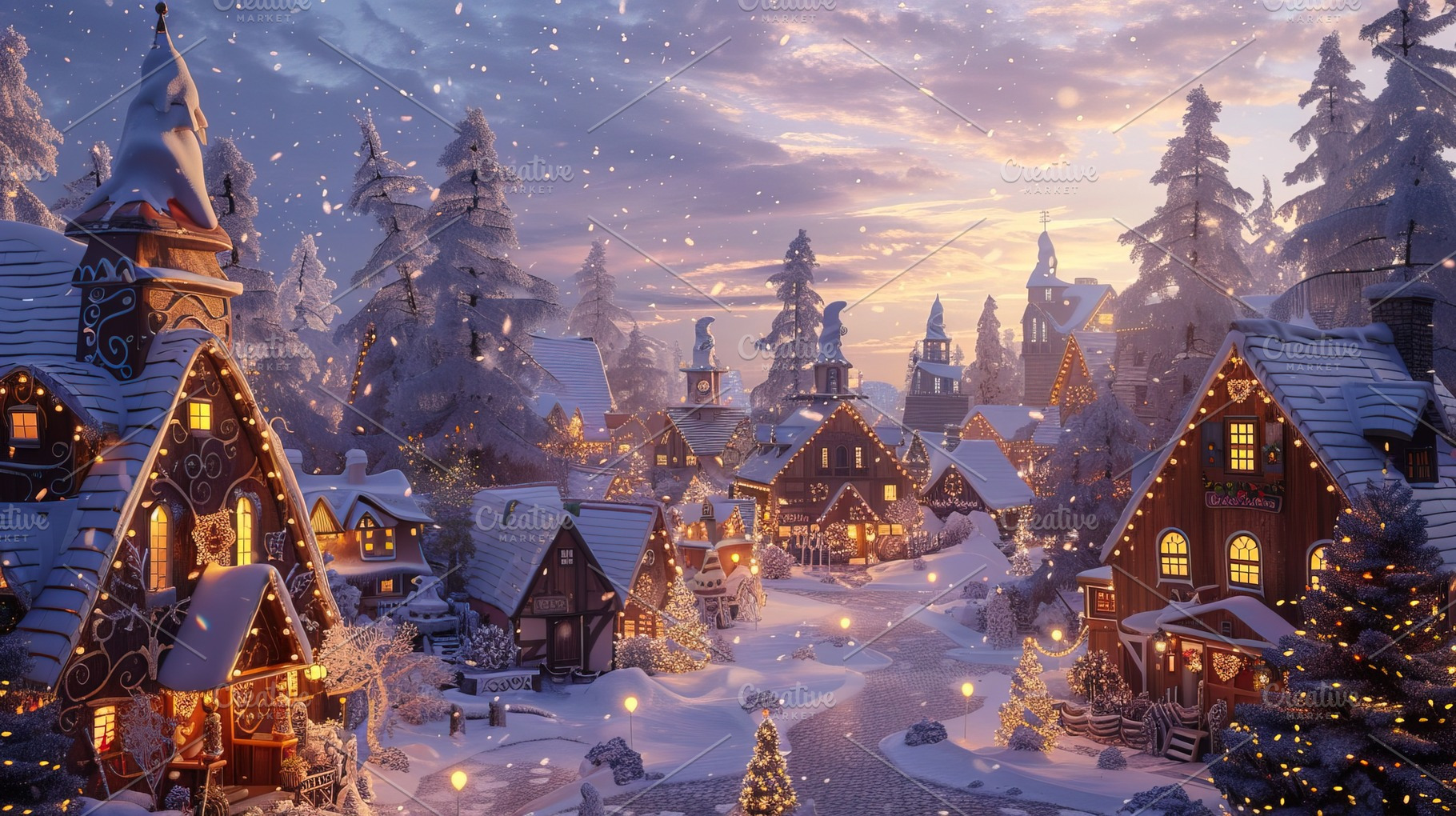 Festive Snowy Village at Sunset, a Holiday Photo by Ales Munt