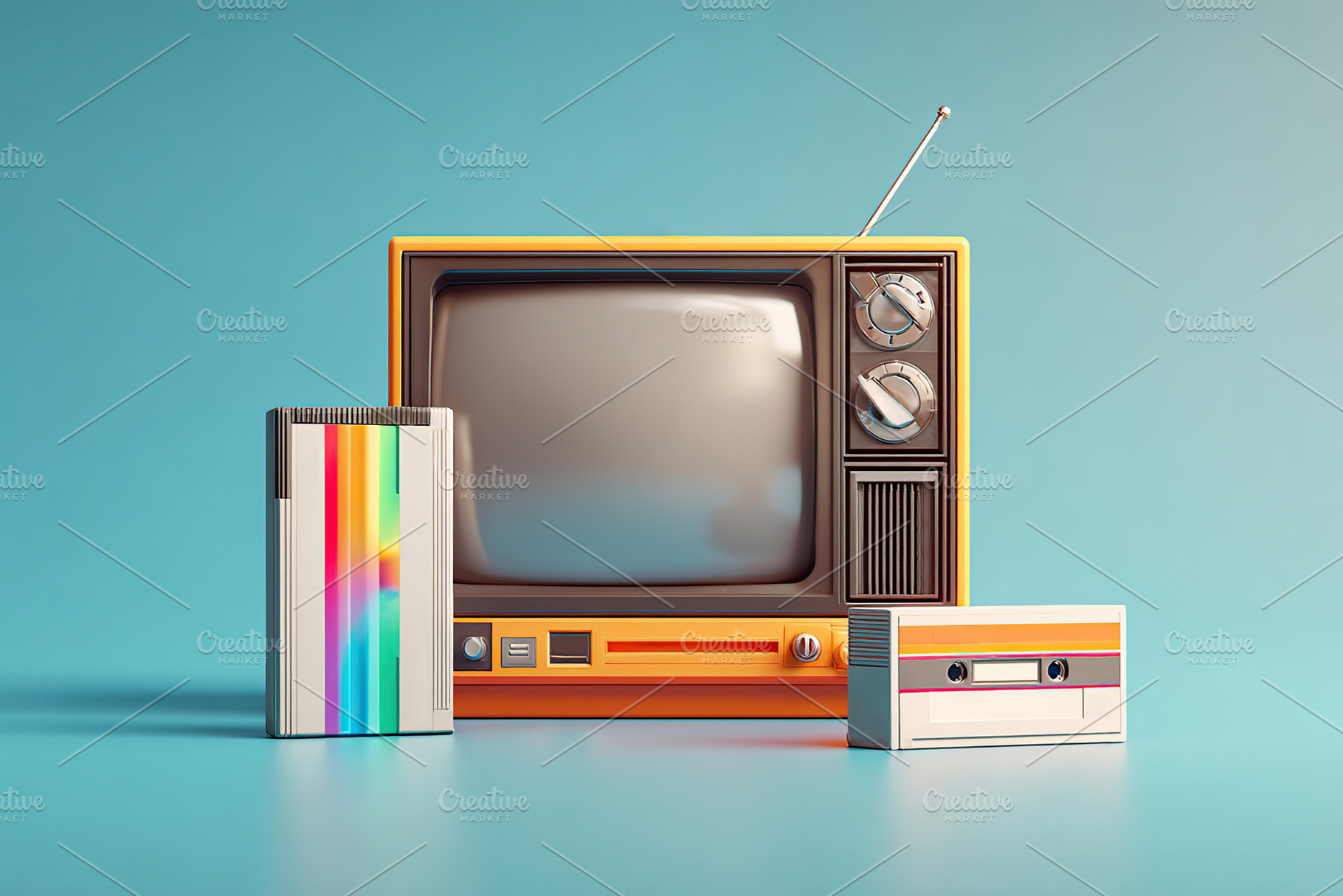 VHS tape placed next to a modern flat-screen television in a bright, colorful s, a Photo by AlyaAnd