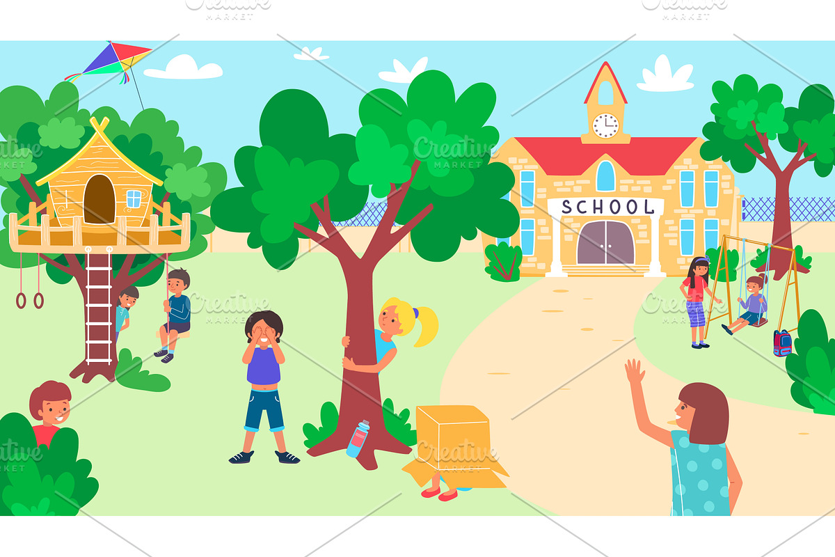 Kids play at school yard, happy, an Education Illustration by VectorsBang