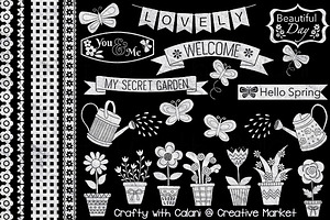 Spring Garden Clipart in Chalkboard