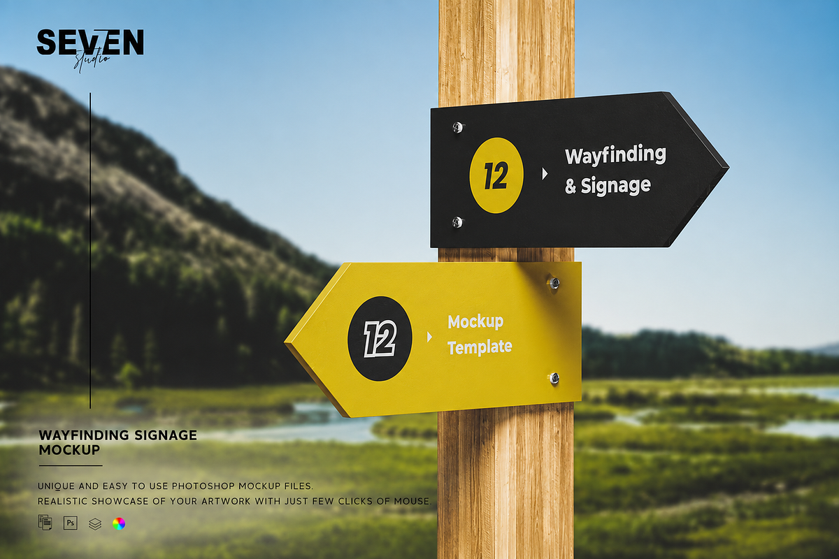 Wayfinding Sign Posts Mockup, an Advertising Mockup by Se٧enStudio (Photo 1 of 2)
